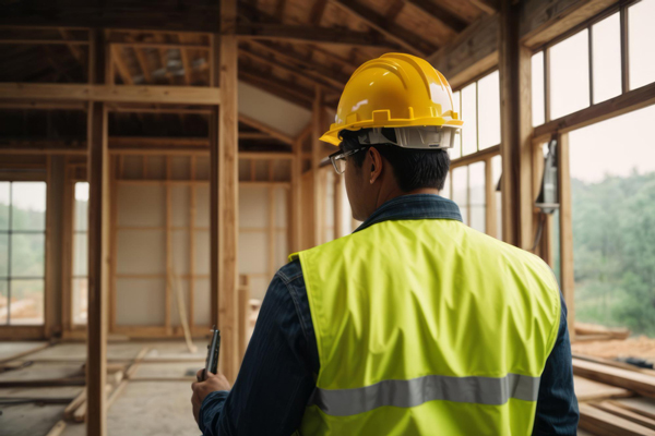 A man in a hard hat and safety vest at a construction site, ensuring safety and overseeing the work progress.