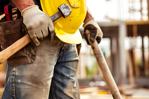 A construction worker gripping a hammer, ready to work on a project at a construction site.